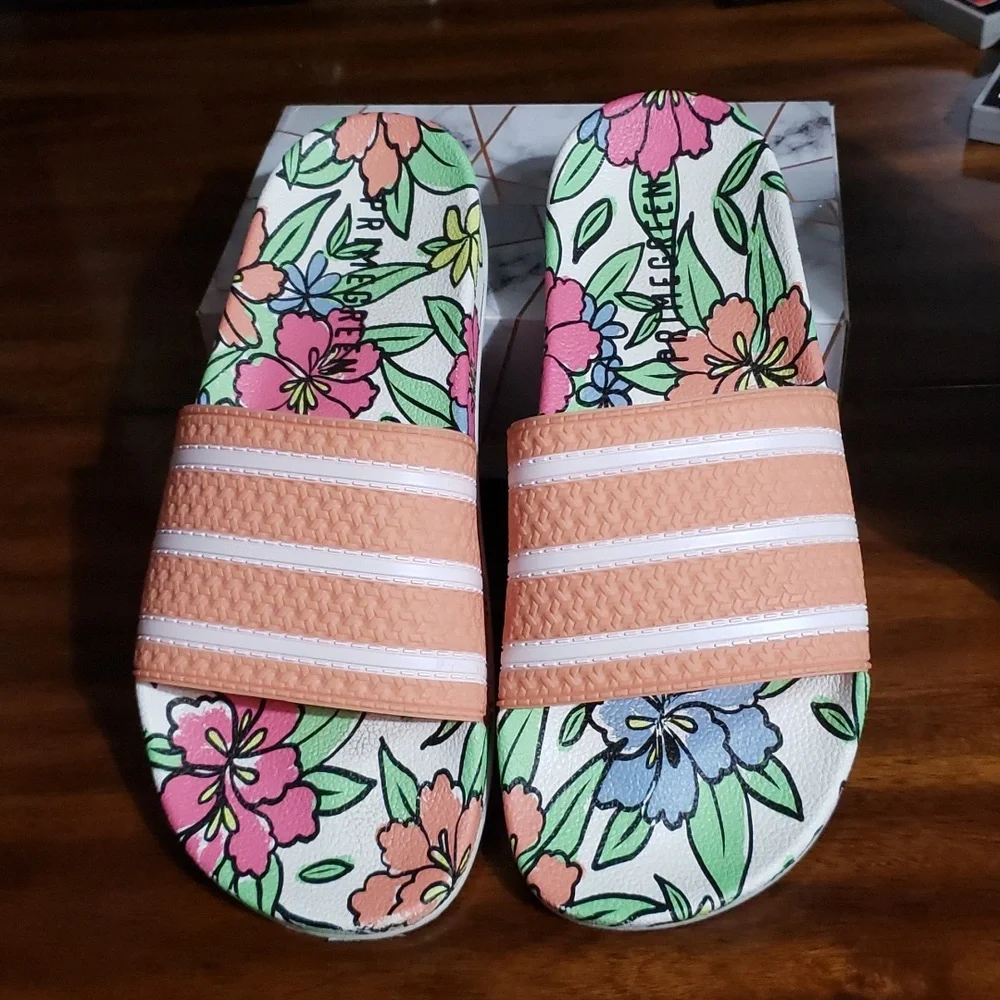 Adidas Adilette GY8288 primegreen floral coral slides.  Sz 9 - Picture 4 of 4